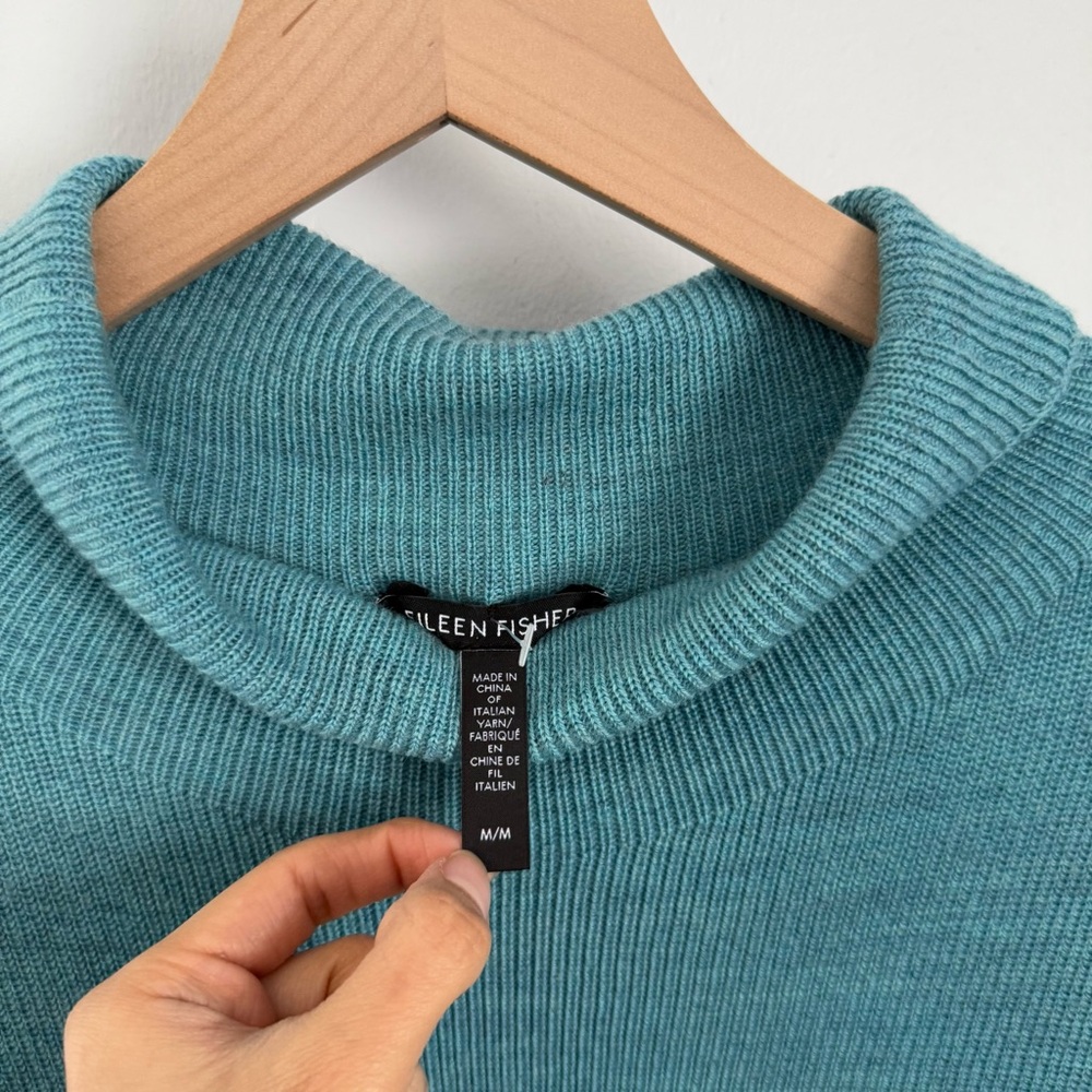 Eileen Fisher Medium Glasier Extra Fine Merino Wool Turtleneck Tunic Teal Relax - Picture 2 of 6